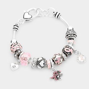 • Multi Bead Heart Embossed Pink Ribbon Bracelet